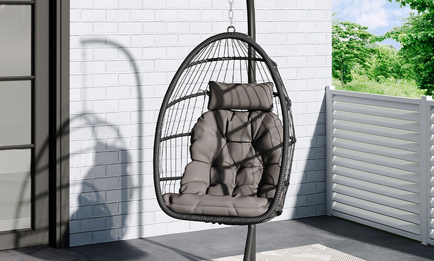 Image 34: Black Outdoor Hanging Egg Chair with Cushion