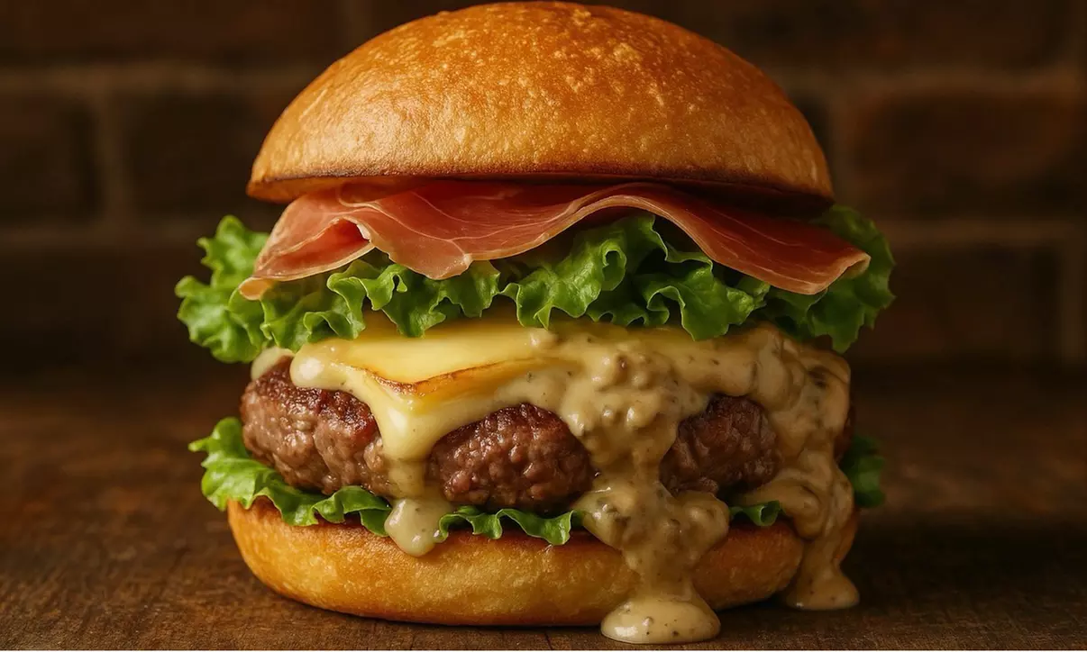 Menu burger avec frites ou salade et dessert, sur place ou à emporter