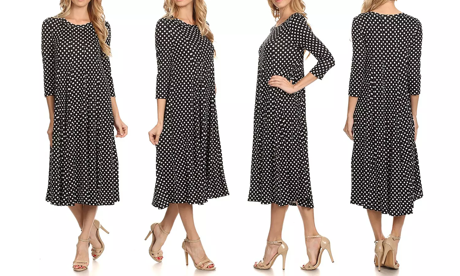 MOA Collection Women's Polka Dot Casual 3/4 Sleeve A-Line Midi Dress. Plus Sizes Available. - Second Medium