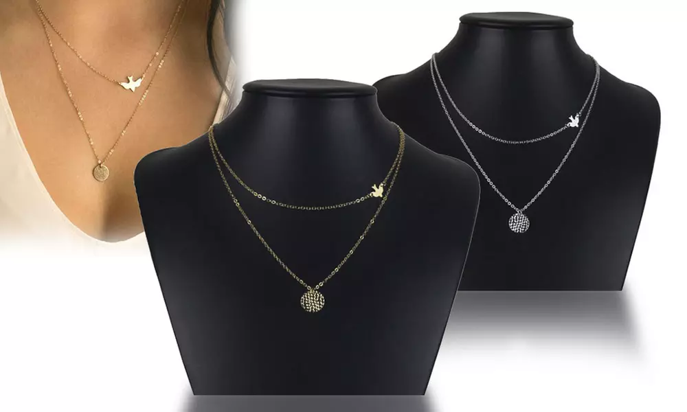 1x oder 2x Doppelkette mit Schwalbe- und Plättchen-Anhänger in Gold oder Silber - Primary Image