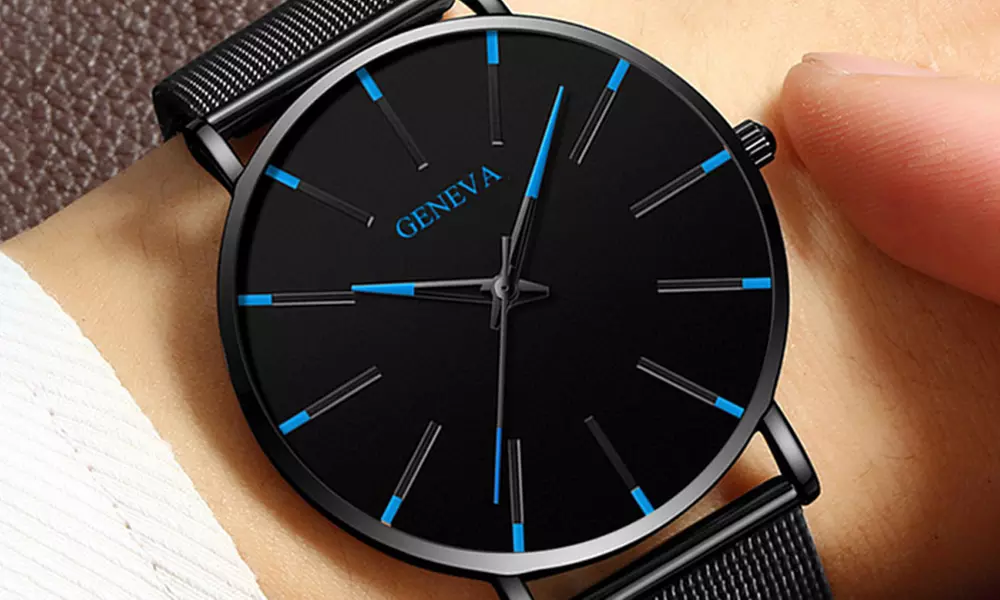 Montre Homme Geneva Quartz Ultra Fine – Bracelet Maille Acier Inoxydable – Neuf