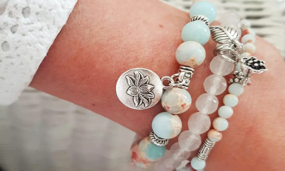 1x oder 2x 3er-Set Schmuckstein-Armbänder mit Blatt-Anhängern