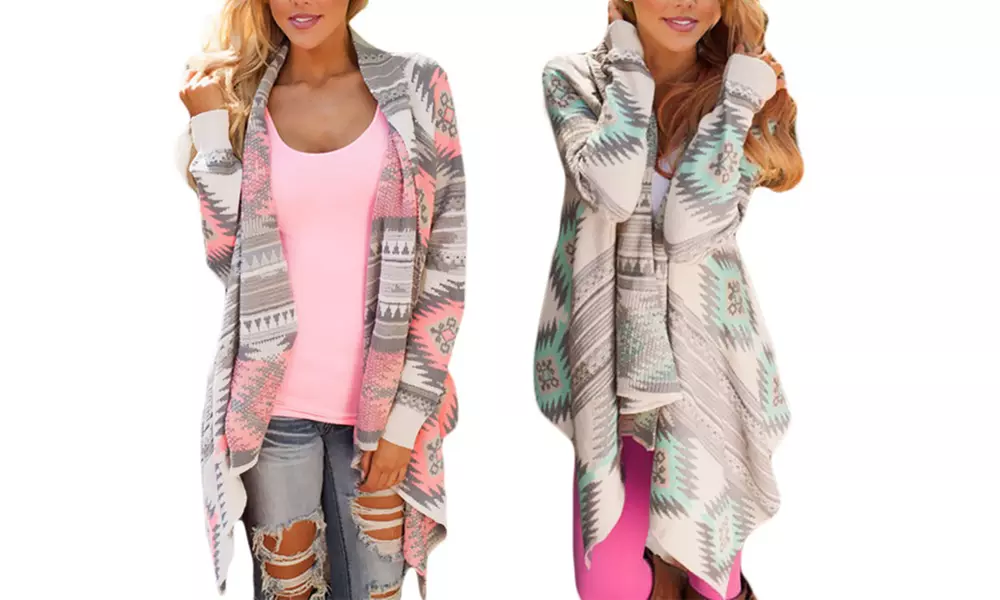 1x oder 2x Damen-Strickjacke mit Azteken-Print in Rot und Grün - Second Medium