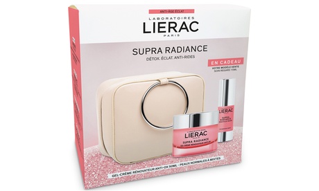 Set Lierac con gel crema Supra Radiance, siero contorno occhi e pochette