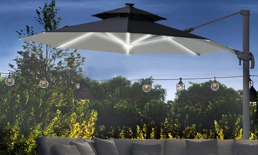 Image 2: Outsunny Solar-Powered LED Cantilever Parasol