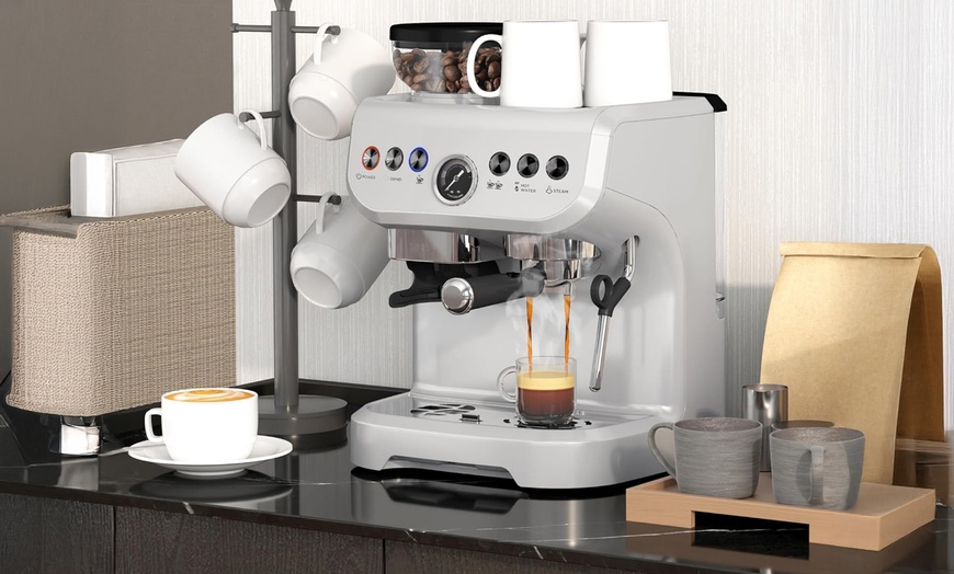 Image 1: HomCom Espresso Machine with 15 Grind Settings and a Steam Wand