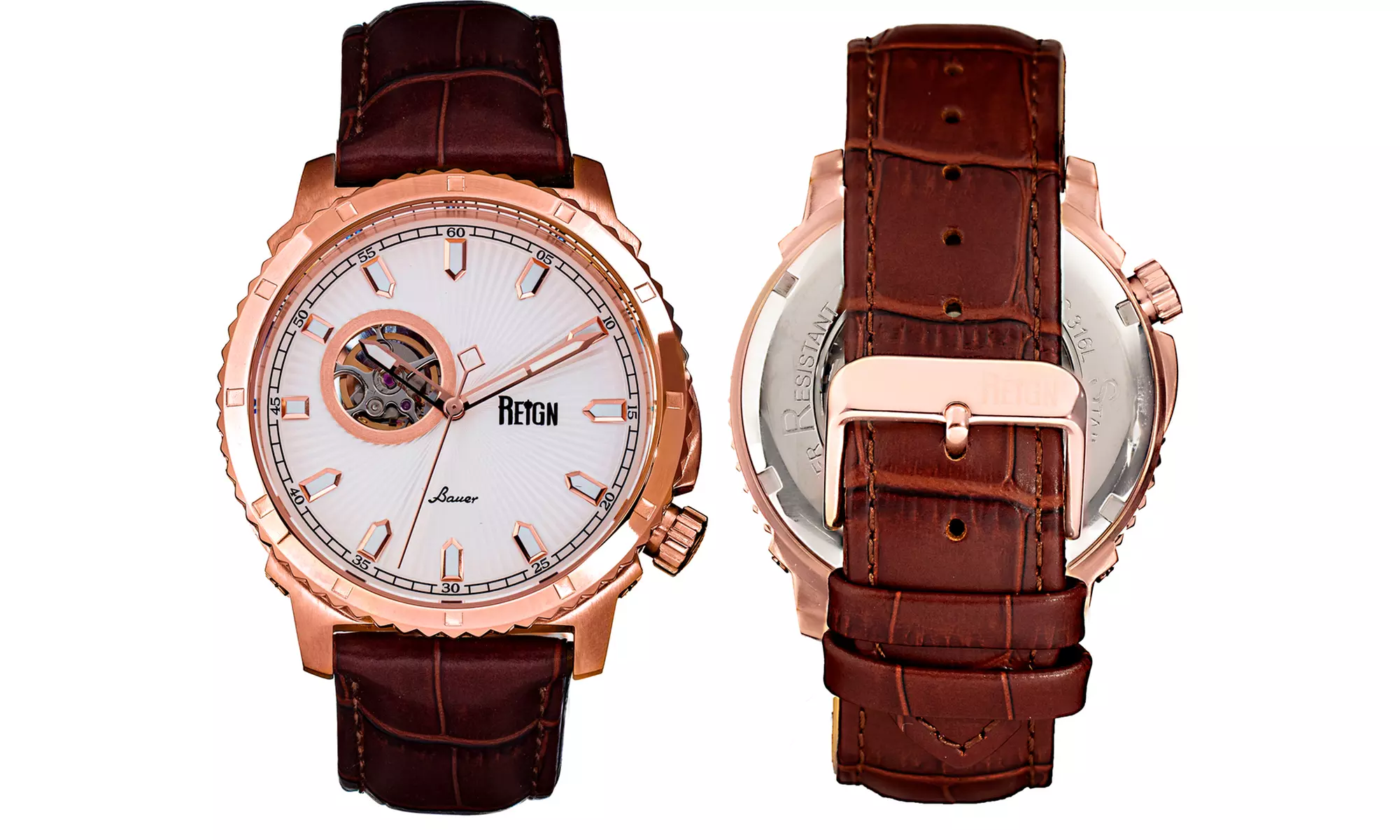 Reign Bauer Automatic Semi-Skeleton-Uhr mit Leder-Armband