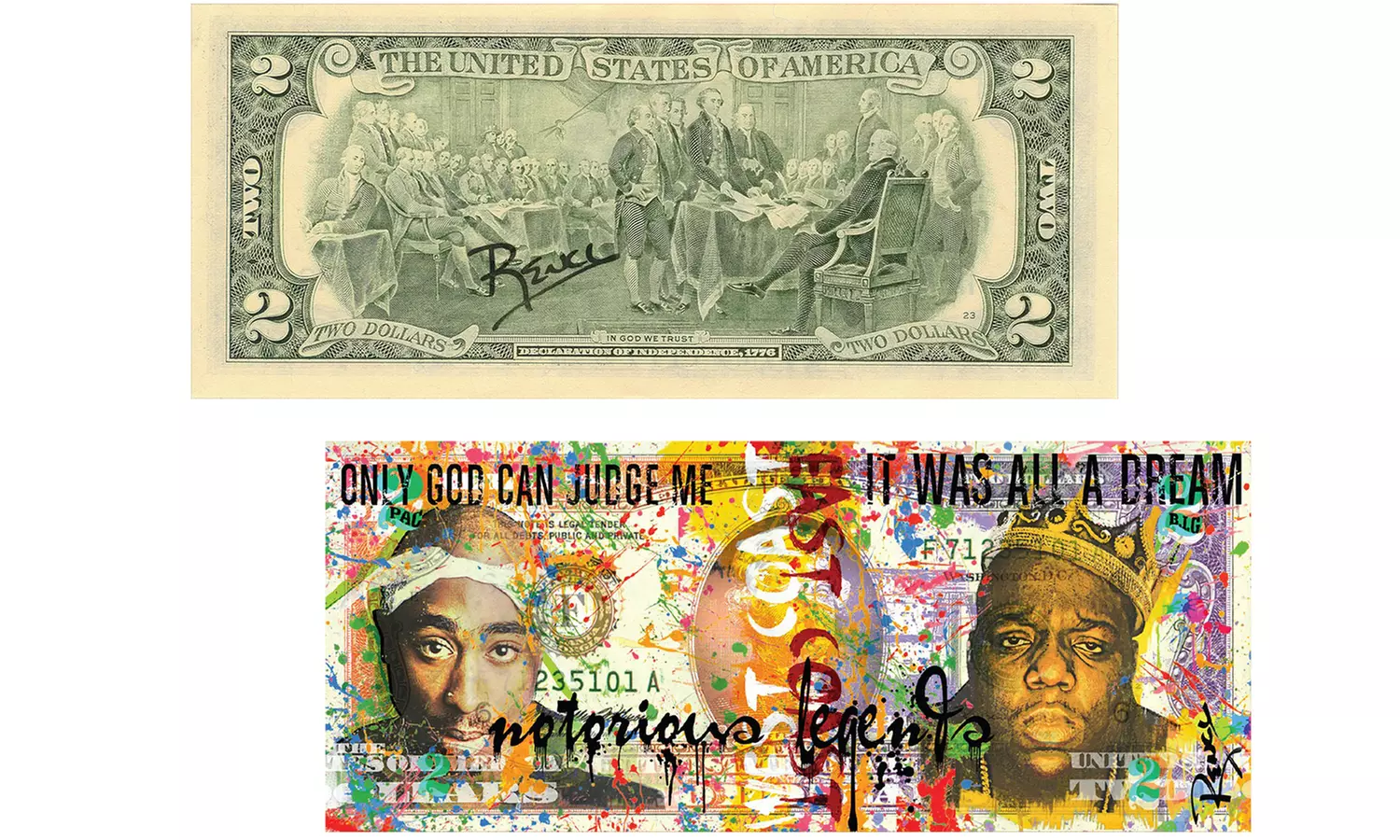 Tupac Shakur & Biggie Smalls Two-Dollar Bill Pop Art Hand-Signed by Rency - Primary Image