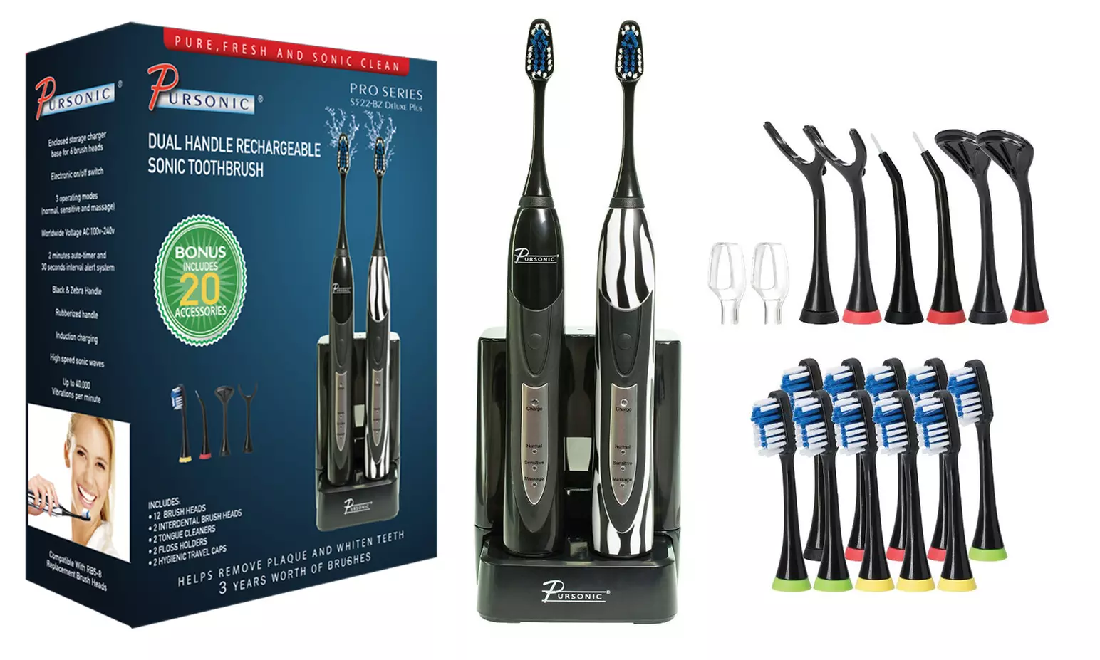 Pursonic Dual-Handle Sonic Toothbrush with 12 Brush Heads - Primary Image