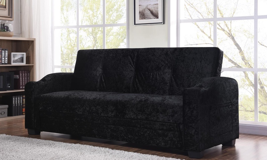 Image 1: Crushed Velvet Fabric Sofa Bed