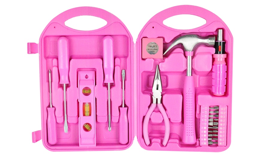 Image 1: 28-Piece Pink Tool Kit Set with Carry Case