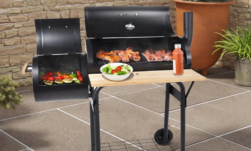 Image 1: Charcoal Barrel BBQ Grill with Smoker