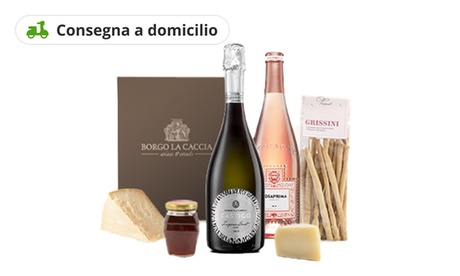 Box degustazione primaverile con 2 bottiglie di vino e prodotti tipici del Borgo La Caccia. Consegna a domicilio