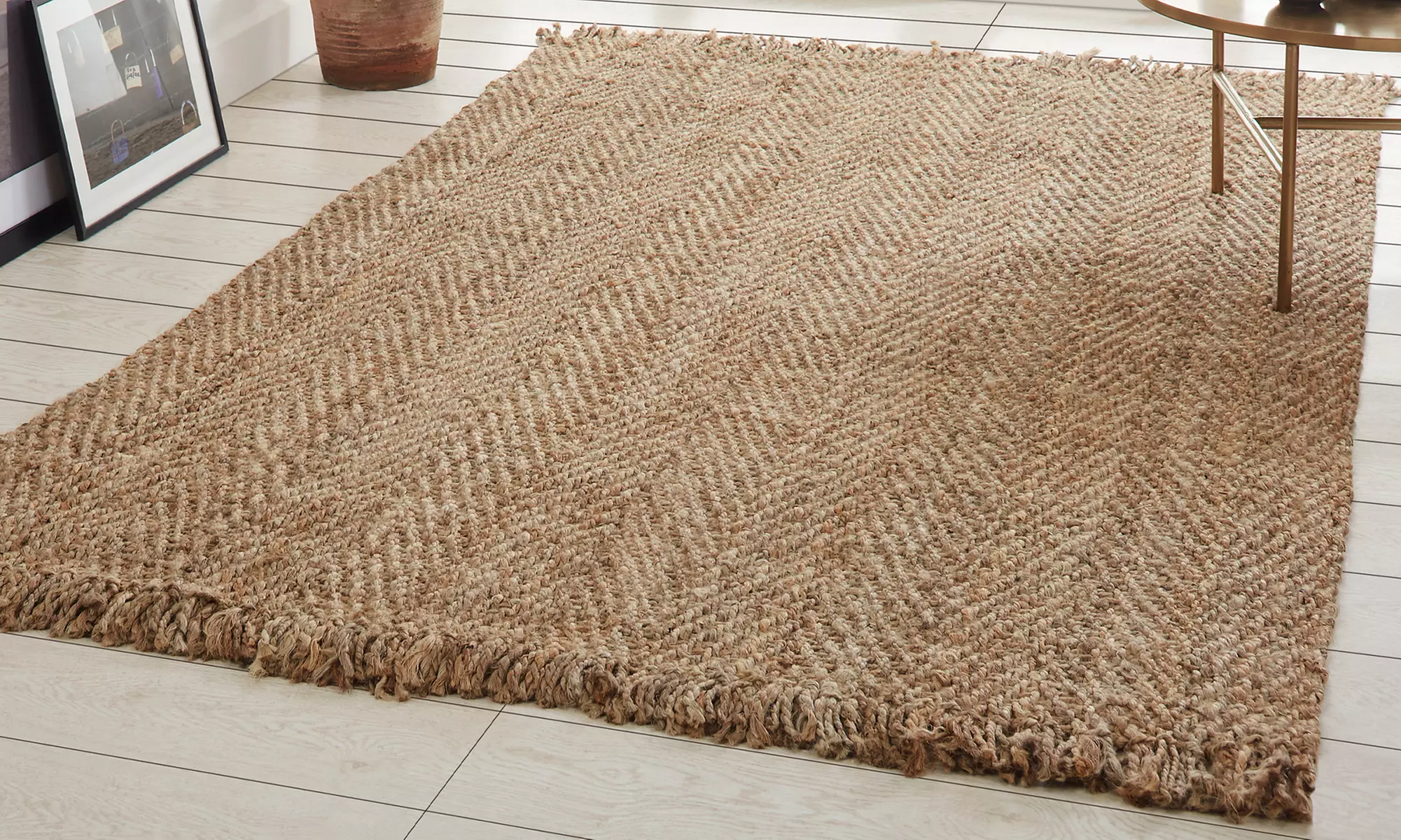 All-Natural Reversible Bohemian Jute Runner and Area Rug with Fringes - Primary Image