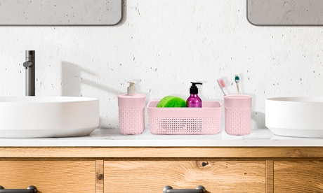 Set bagno da 3 pezzi, con cestino, portasapone e bicchiere porta spazzolino, disponibile in 3 colori