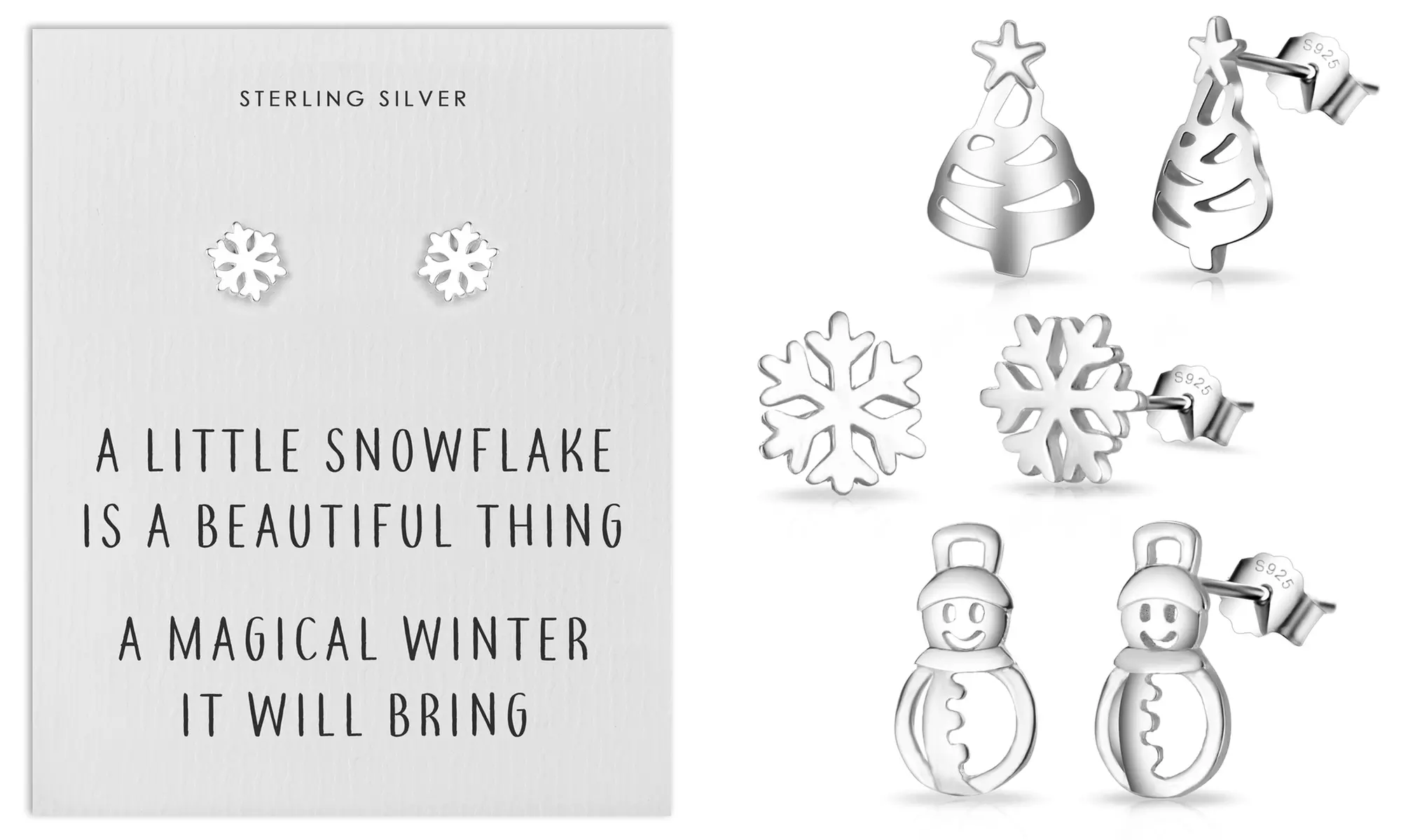 Boucles d'oreilles Philip Jones en argent sterling, modèles arbre de Noël, bonhomme de neige et flocons de neige - Primary Image