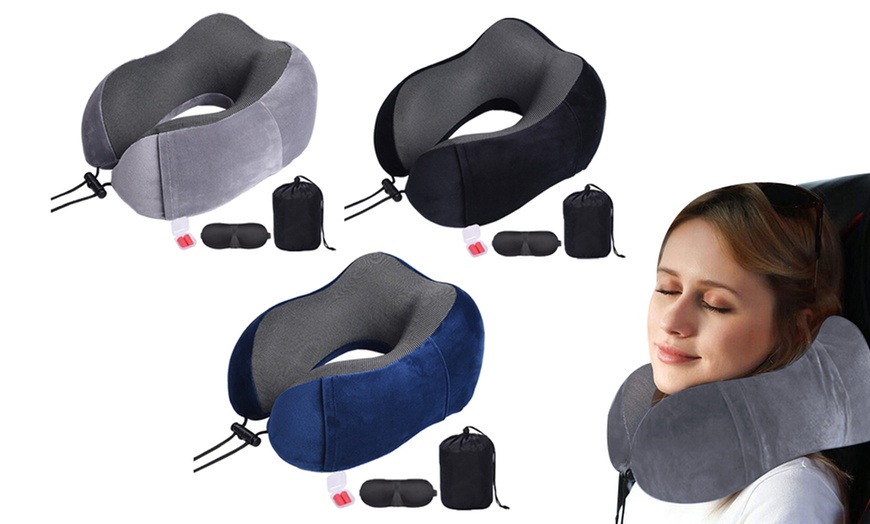 Image 1: Travel Neck Pillow with Eyemask and Earplugs