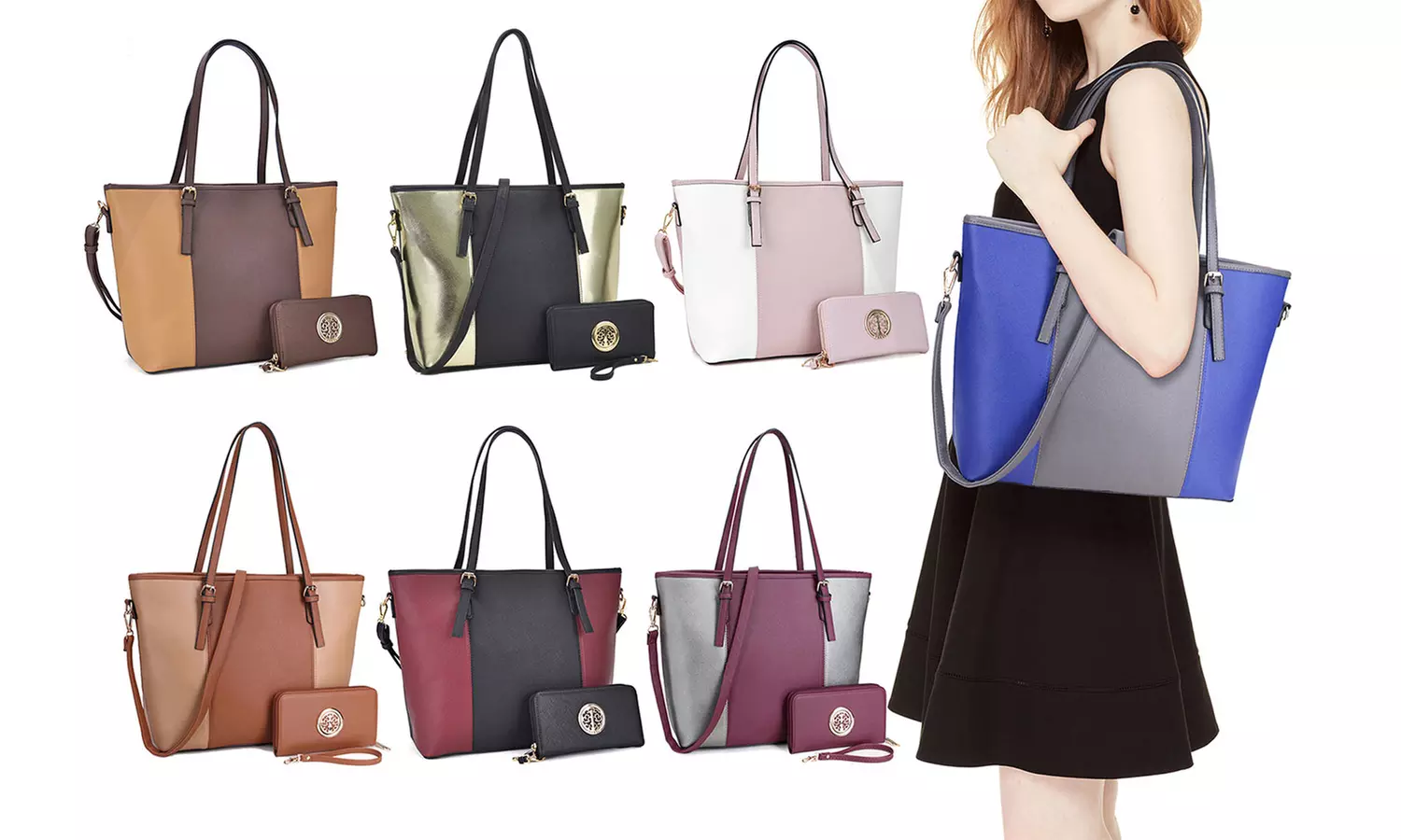 DS Collection Andrea Large Two-Tone Tote Handbag with Free Matching Wallet - Primary Image