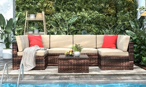 Six-Seat Rattan-Effect Sofa with Table