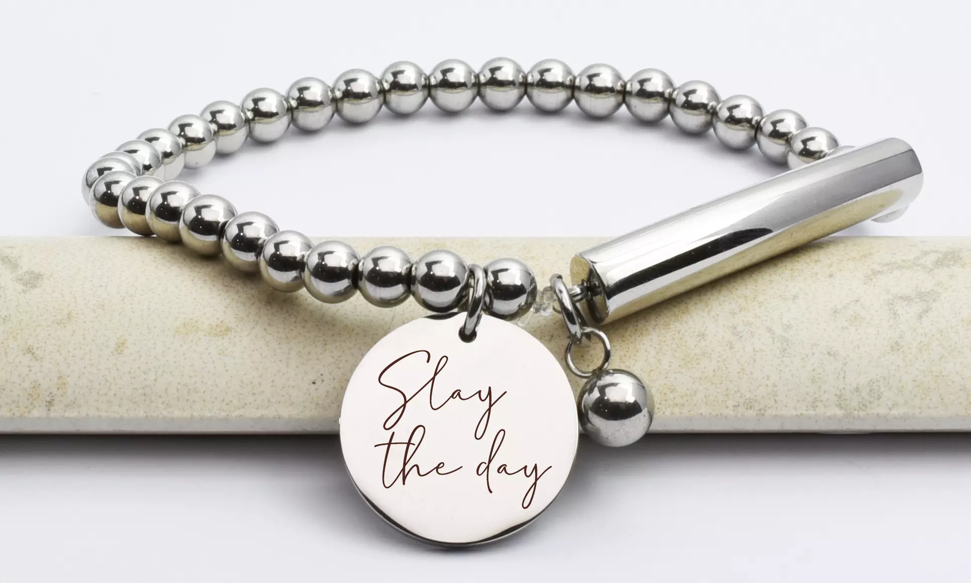 Beaded Bar Inspirational Stretch Bracelet By Pink Box - Primary Image