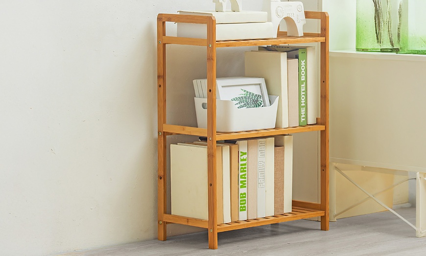 Image 1: Bamboo Wood-Tiered Book Storage Shelf Collection
