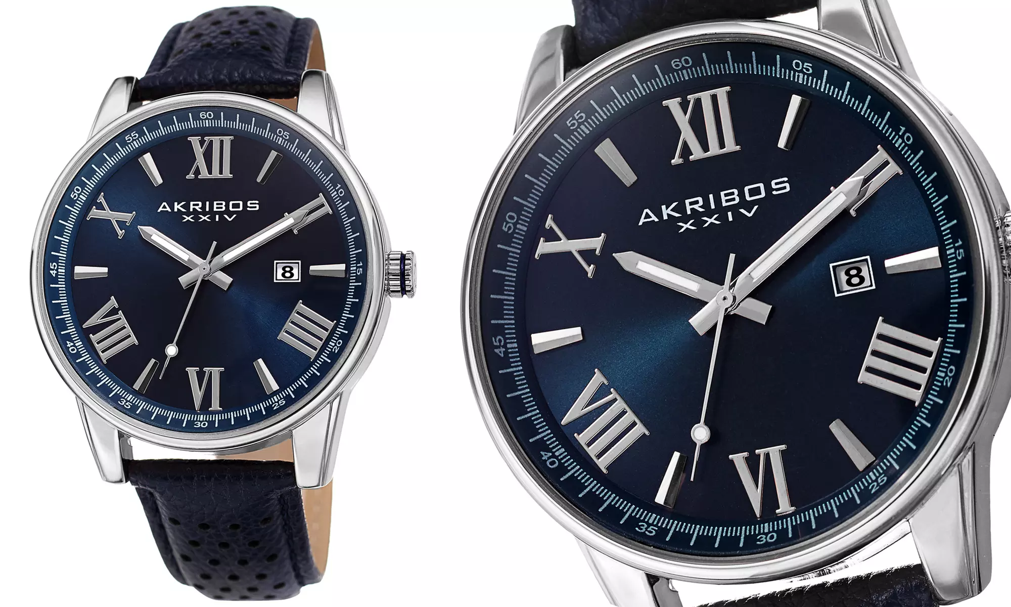 Akribos XXIV Men's Bold Marker Sunray Dial Perforated Genuine Leather Strap Watch - Second Medium