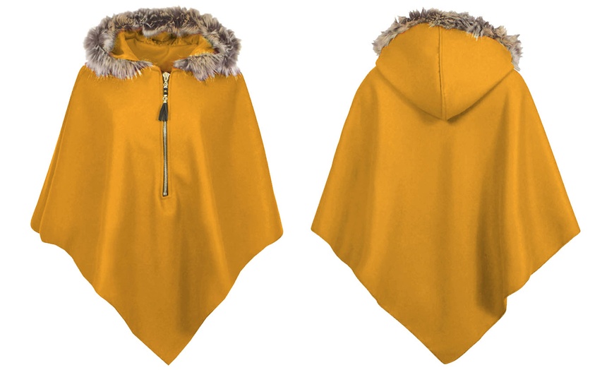 Image 13: Ladies Fur Trim Hooded Cape 