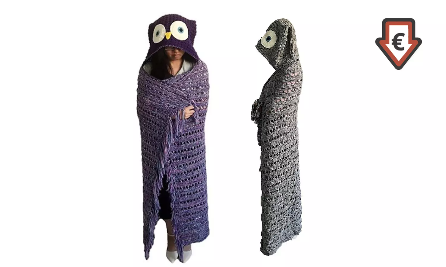 1x Strickdecke mit Eulen-Kapuze in Blau oder Grau - Primary Image