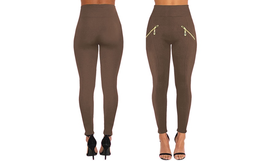 Image 6: Fleece-Lined Thermal High-Waist Leggings with Zip or Button Detail