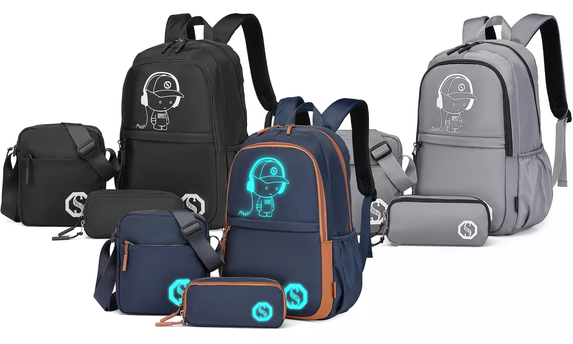 Set escolar de mochila, bolso y neceser resistente al agua que brilla en la oscuridad - Primary Image