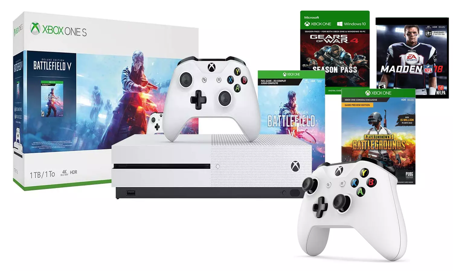 Microsoft Xbox One S 1TB Console with "Battlefield V" Bundle, Three Bonus DLC Games, and Extra Controller - Primary Image
