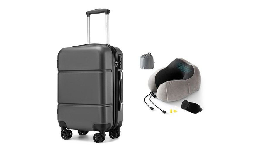 Image 1: Cabin Size Hard Shell Suitcase with a T-Pillow Travel Set