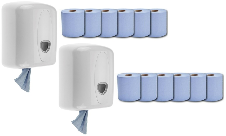 Image 3: One or Two Centrefeed Paper Dispensers with Blue Paper/Towel Rolls