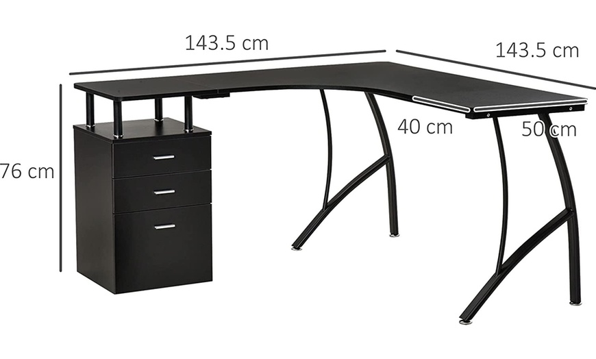 Image 5: HomCom L-Shaped Computer Desk Table with Storage Drawer
