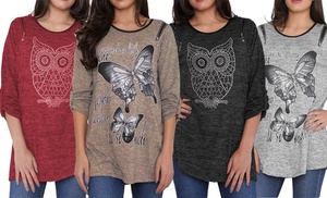 Women's Owl/Butterfly Stud Detail Marl Knit Top