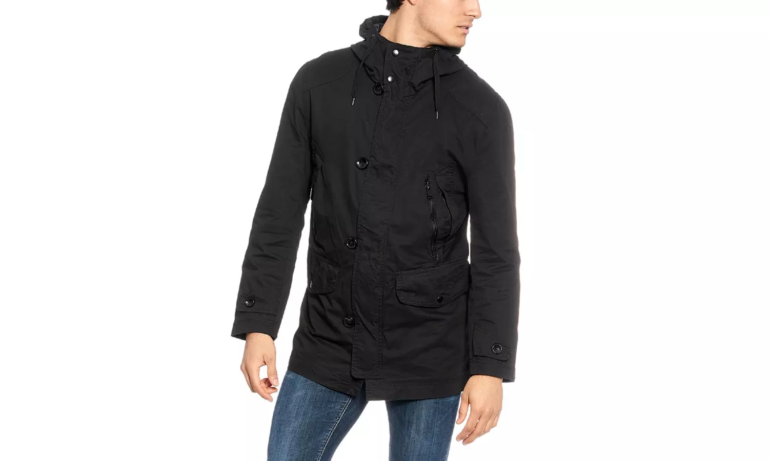 Men's Double-Closure Cotton Parka Jacket with Hood (Size L) - Primary Image