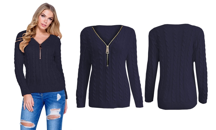 Image 7: Women's V-Neck Zip Front Cable Knit Jumper