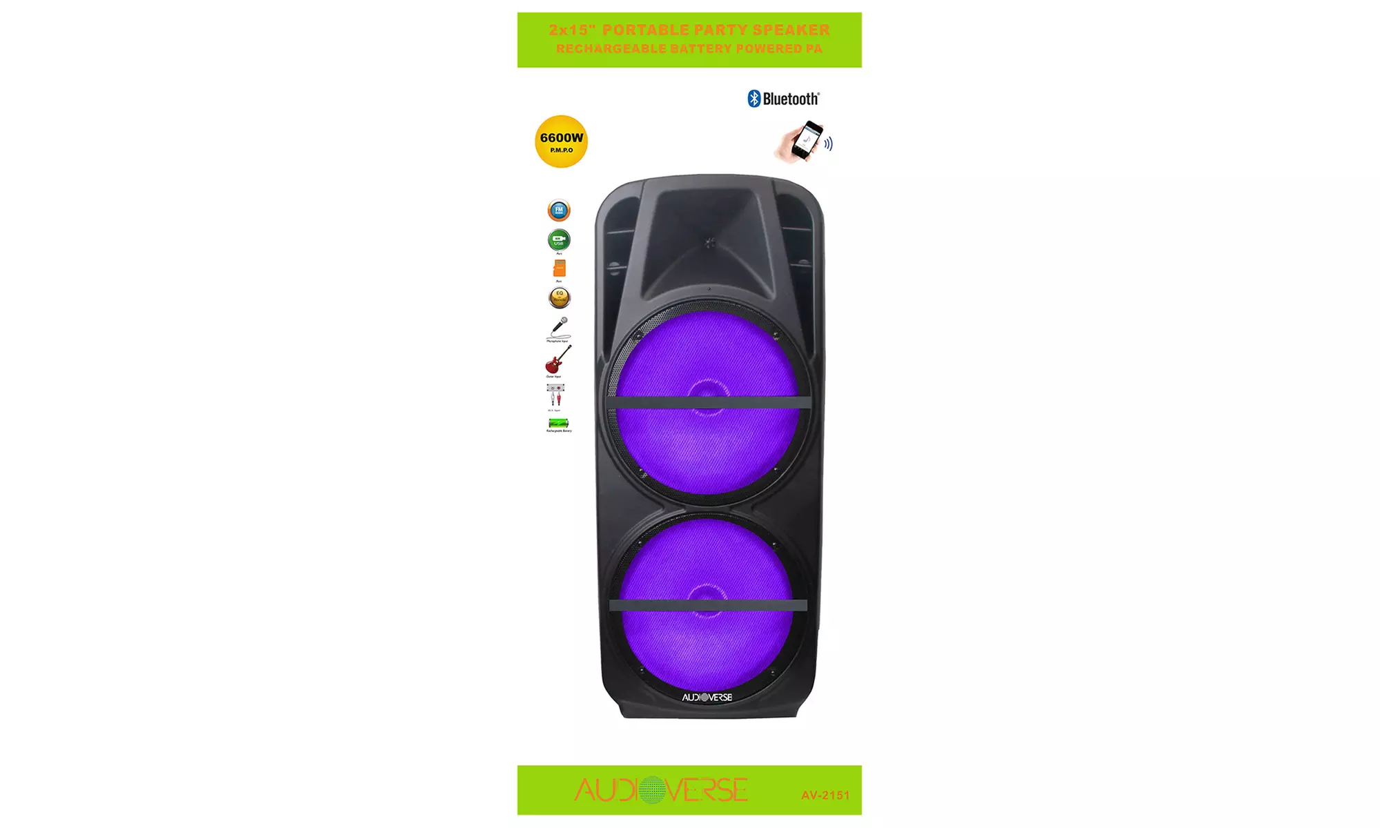 AudioVerse AV-1500 Dual 15" Portable Bluetooth Party Speaker with RGB Lights - Second Medium