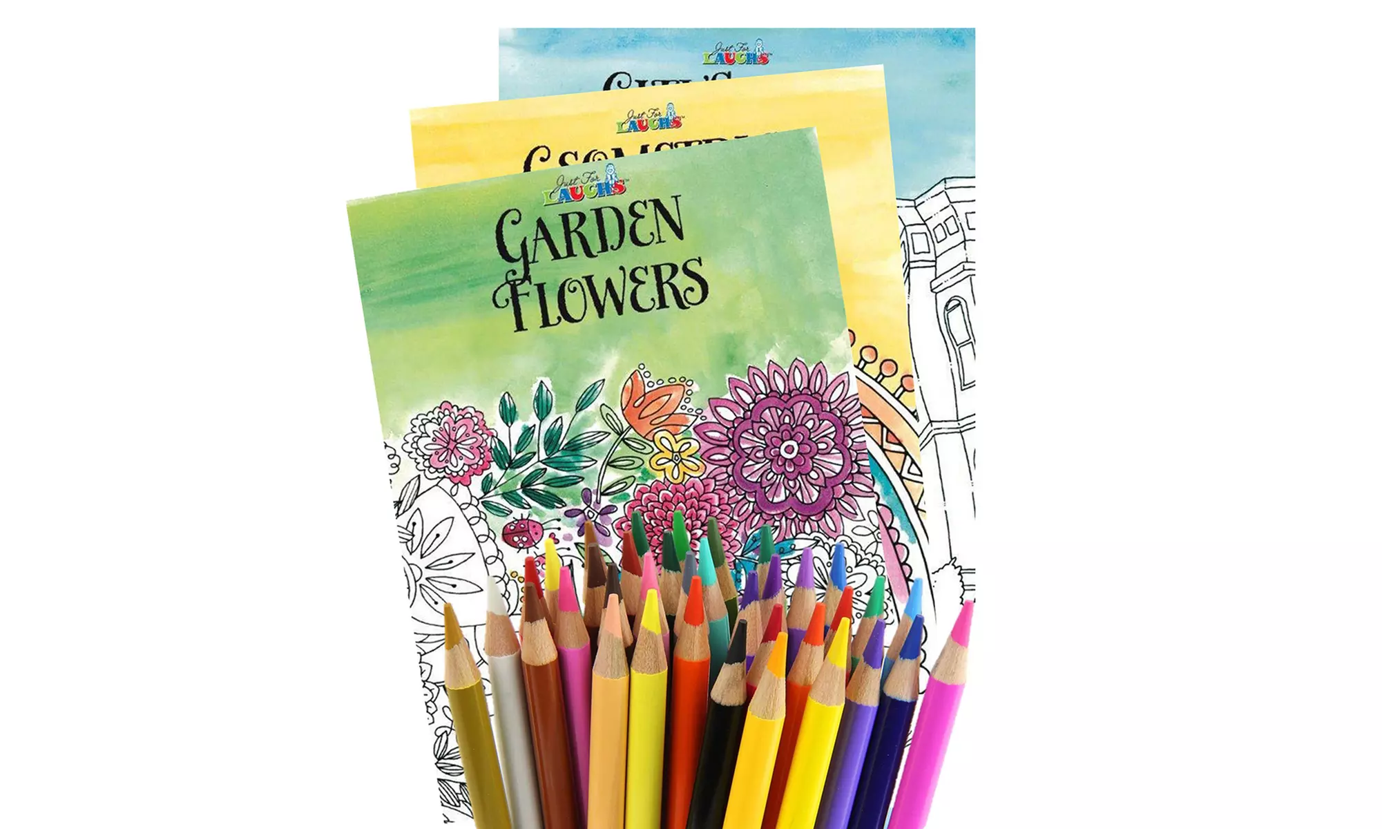 Adult Coloring Books Set with 24 Premium-Quality Core Colored Pencils (3-Books) - Primary Image