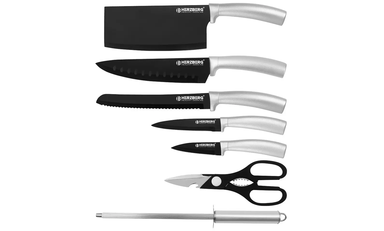 Ensemble 8 pièces avec couteaux, aiguiseur, ciseaux et support