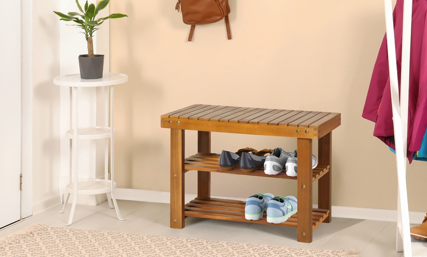 Image 11: HomCom Acacia Wood Entryway Shoe Bench