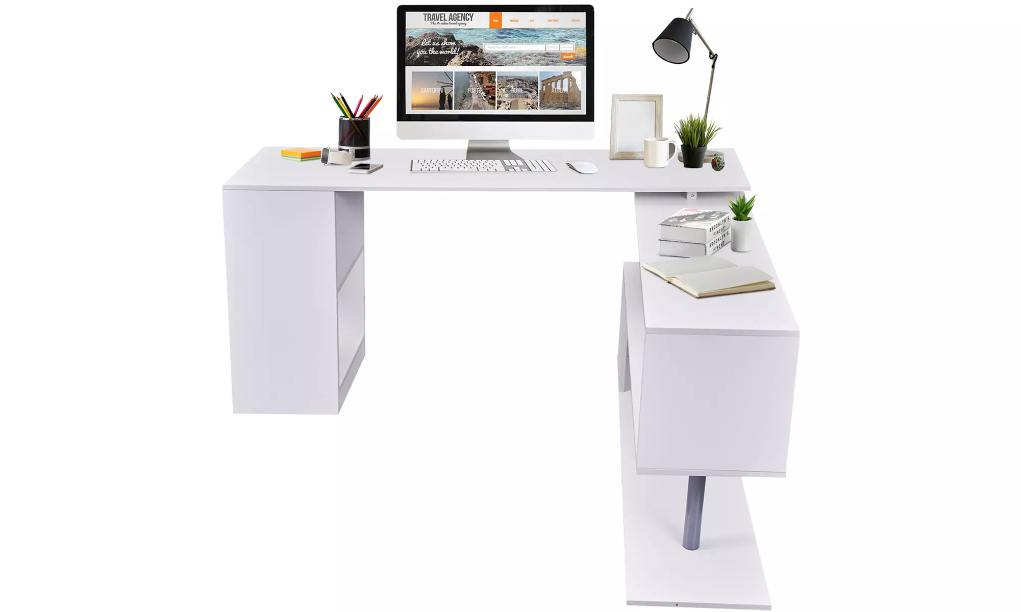 Homcom L-Shaped Desk with 360° Rotating Storage Shelves
