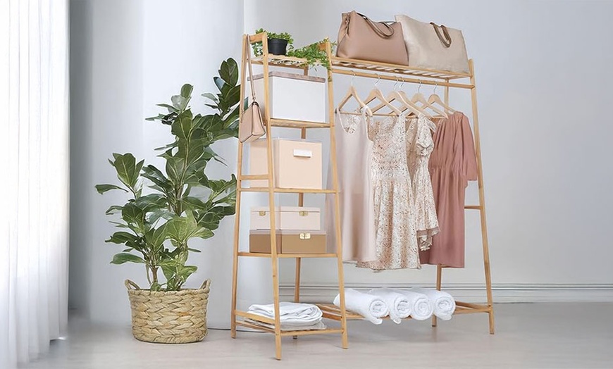 Image 4: Freestanding Bamboo Rack with Storage Shelf and Hooks