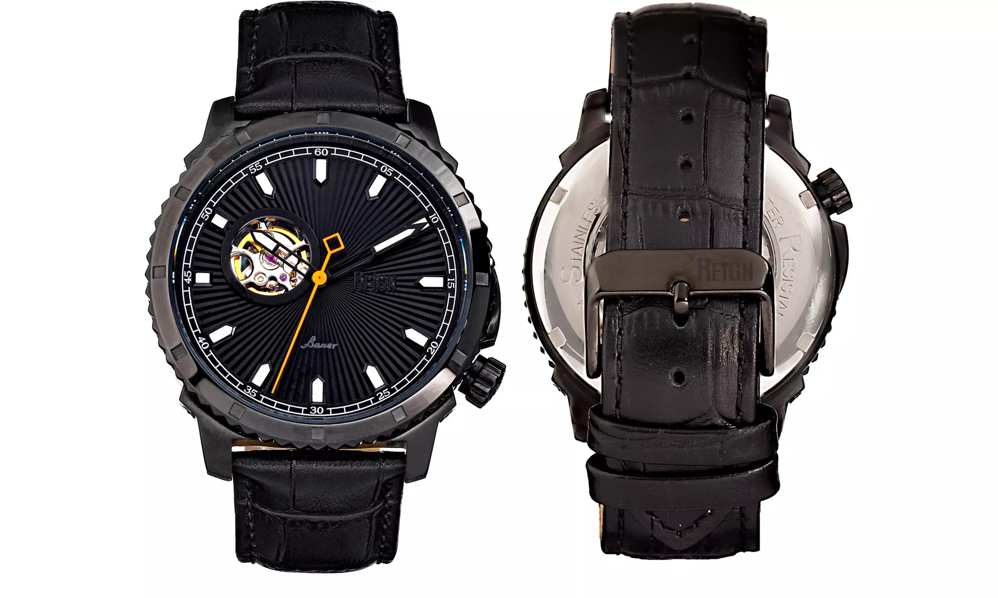 Reign Bauer Automatic Semi-Skeleton-Uhr mit Leder-Armband