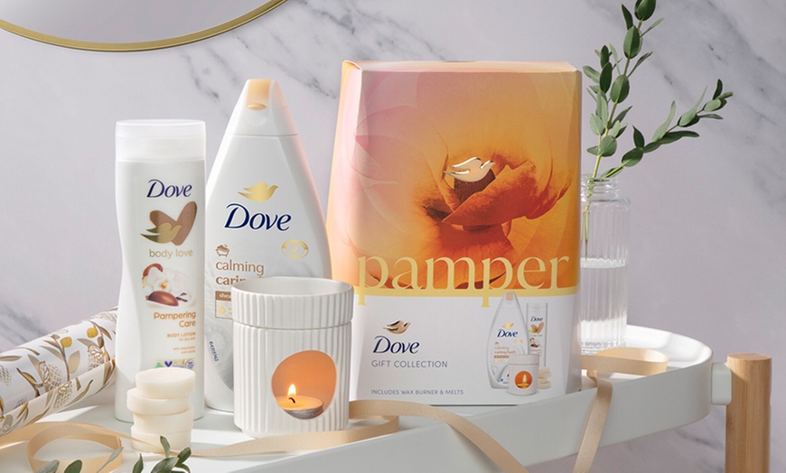 Image 1: Dove Pamper Body Wash and Lotion Gift Set with Wax Burner and Melts