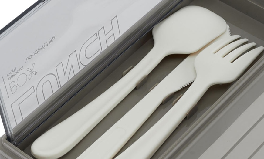 Image 6: Grey Dual-Layer Plastic Bento Lunch Box with Cutlery