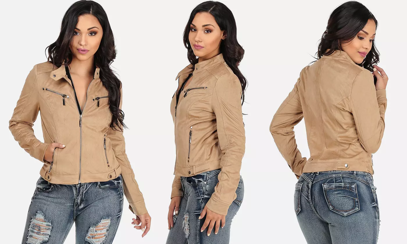 Women's Vegan Leather and Vegan Suede Biker Jackets - Second Medium