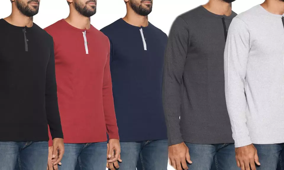 3 Pack: Real Essentials Men's Henley Long Sleeve Casual Fit T-Shirts (S-2XL) - Primary Image