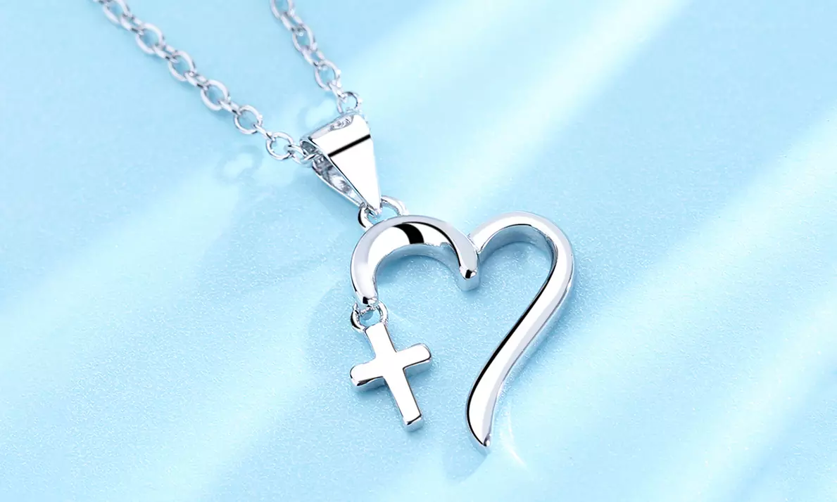 18K White Gold Cross and Heart Pendant Necklace - Primary Image