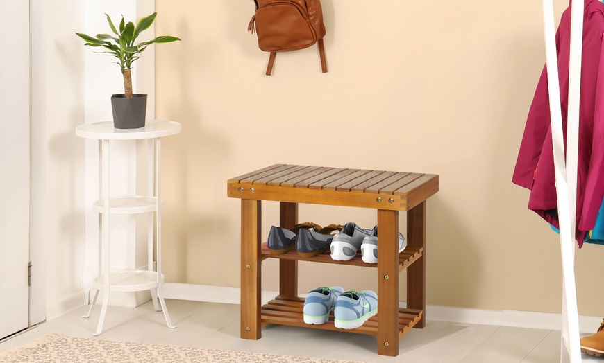 Image 9: HomCom Acacia Wood Entryway Shoe Bench